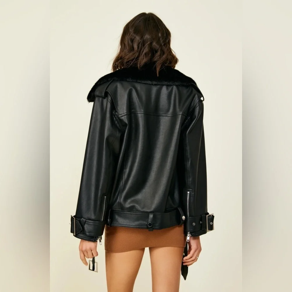 NWT Line & Dot Black Leather Jacket with Faux Fur Collar